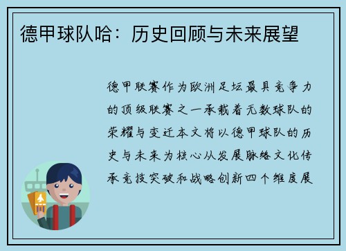 德甲球队哈：历史回顾与未来展望