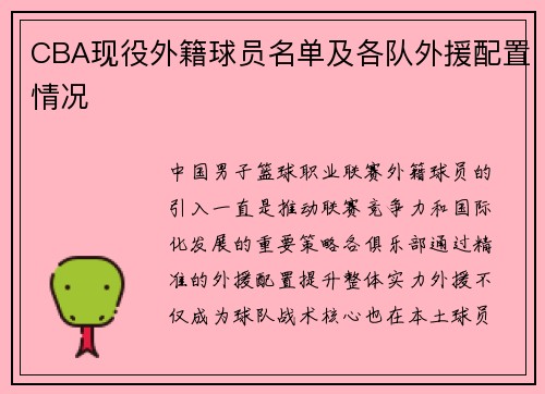 CBA现役外籍球员名单及各队外援配置情况